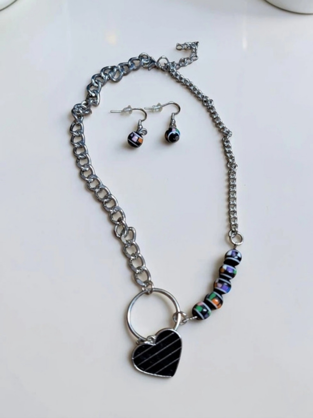 Fashion Jewelry Silver Heart Chain Necklace & Matching Bead Drop Earrings Set